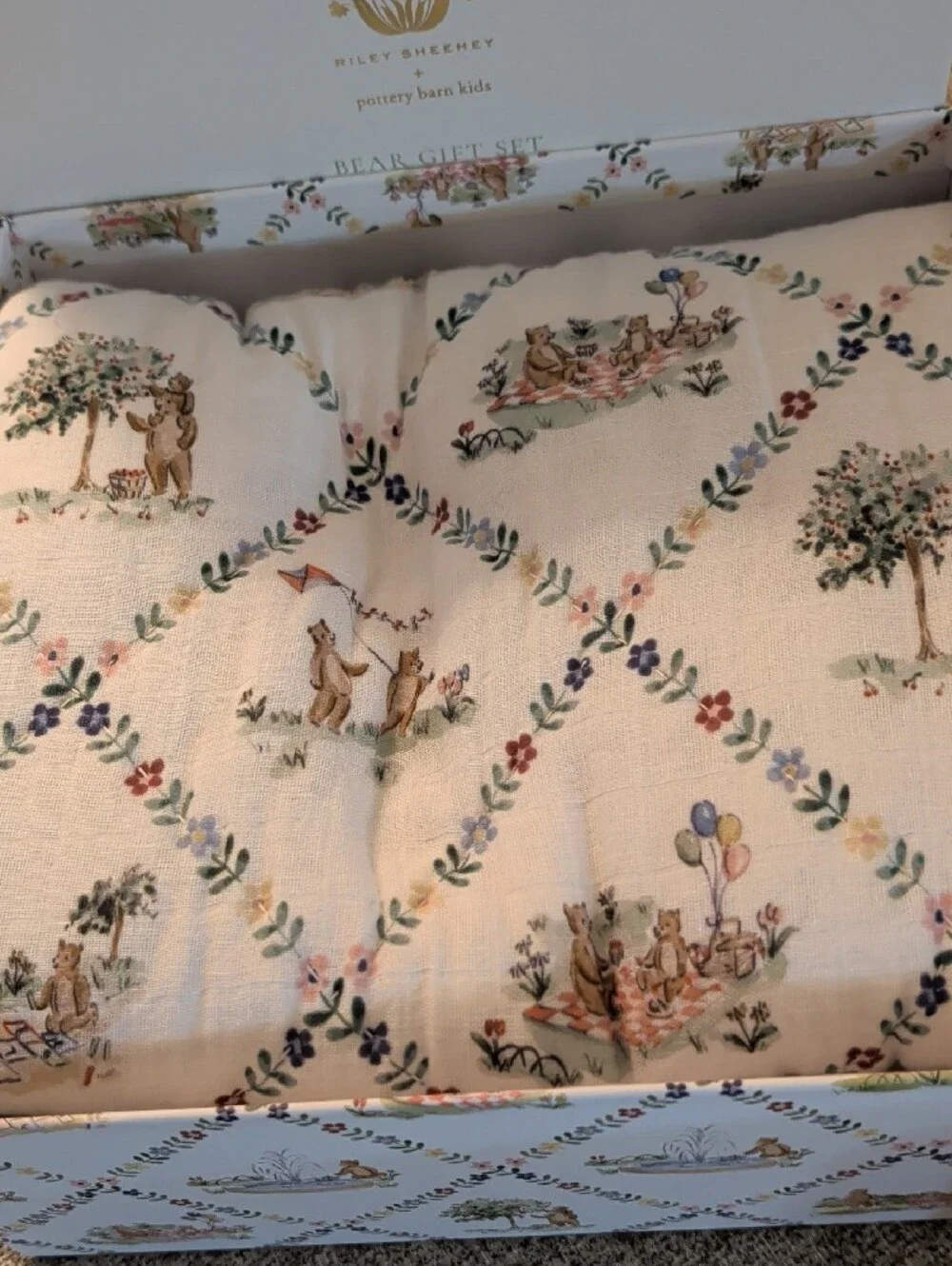 Riley Sheehey Menagerie in the Park Bears Organic Crib Sheet; Blanket & Rattle